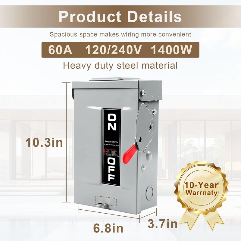 FixOasis 【Upgrade】 2p 30 Amp Disconnect,Disconnect Switch,Add Ground Design,Non-Fusible,NEMA 3R Standard,Heavy Duty Steel Material,Rust and Corrosion Resistant,for Indoor and Outdoor,120/240v,10-Year Warrnaty - Image 2